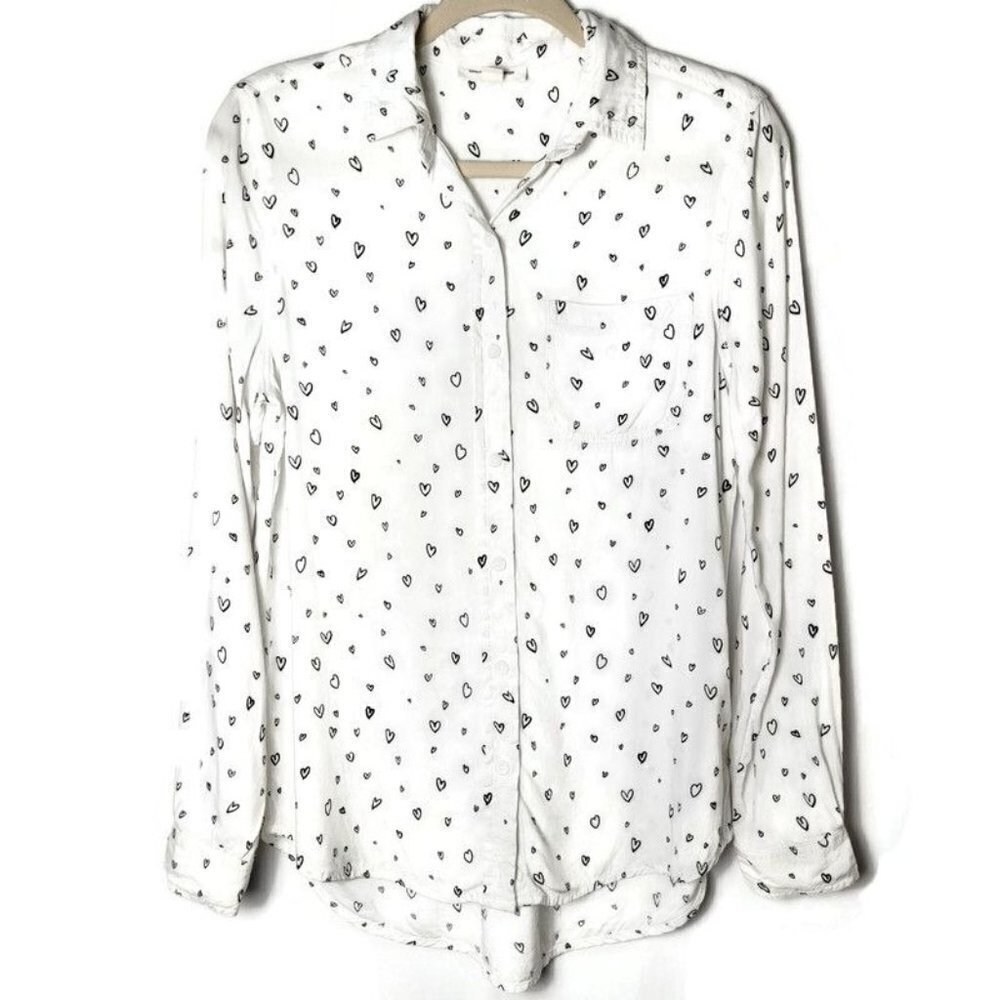 Beachlunchlounge Novelty Heart Print Viscose Beachy Long Sleeve Button Up XS